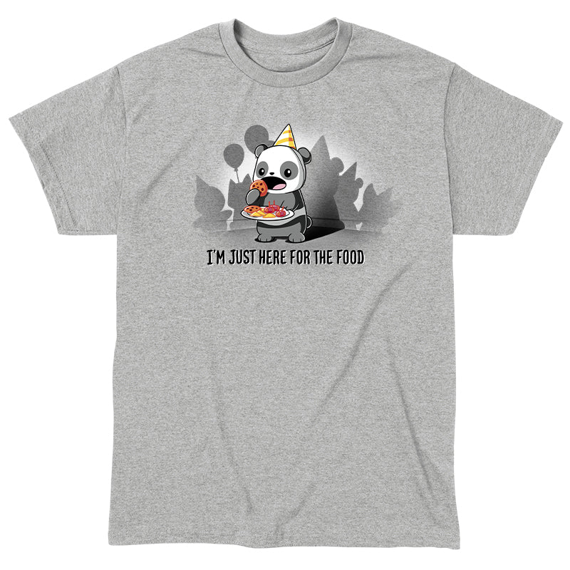 Classic Cotton T-shirt_TeeTurtle I'm Just Here for the Food heather gray t-shirt featuring a cartoon panda wearing a yellow party hat holding a tray of party food and about to eat a cookie, with the text "I'M JUST HERE FOR THE FOOD" below it. Shadows of balloons and party items are in the background.