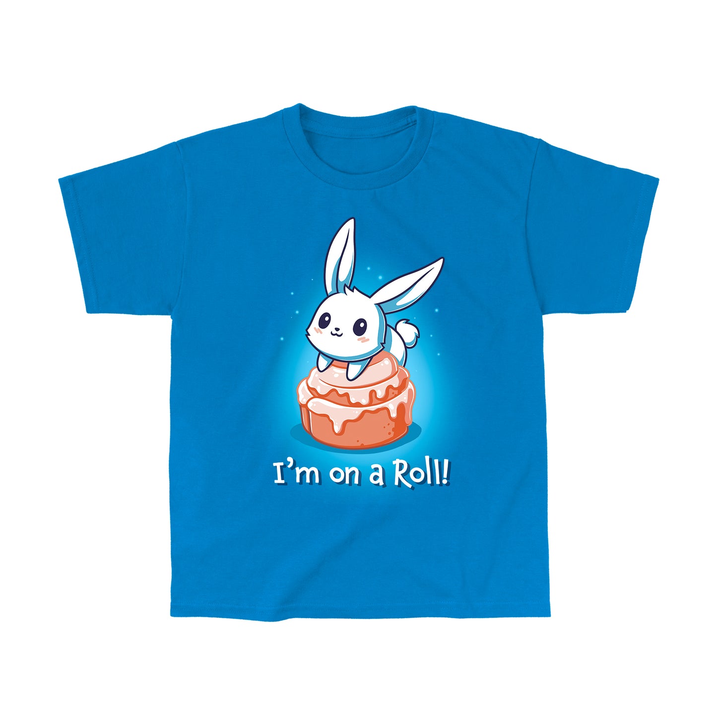 Classic Cotton T-shirt_TeeTurtle I'm On A Cinnamon Roll Sapphire Blue t-shirt featuring a cute cartoon bunny sitting on top of a glazed cinnamon roll with the text "I'm On a Roll!" written below.