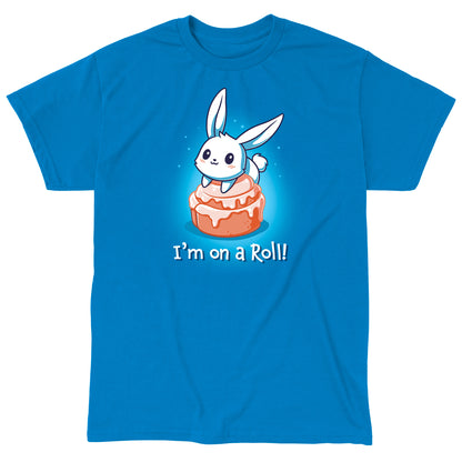 Classic Cotton T-shirt_TeeTurtle I'm On A Cinnamon Roll Sapphire Blue t-shirt featuring a cute cartoon bunny sitting on top of a glazed cinnamon roll with the text "I'm On a Roll!" written below.