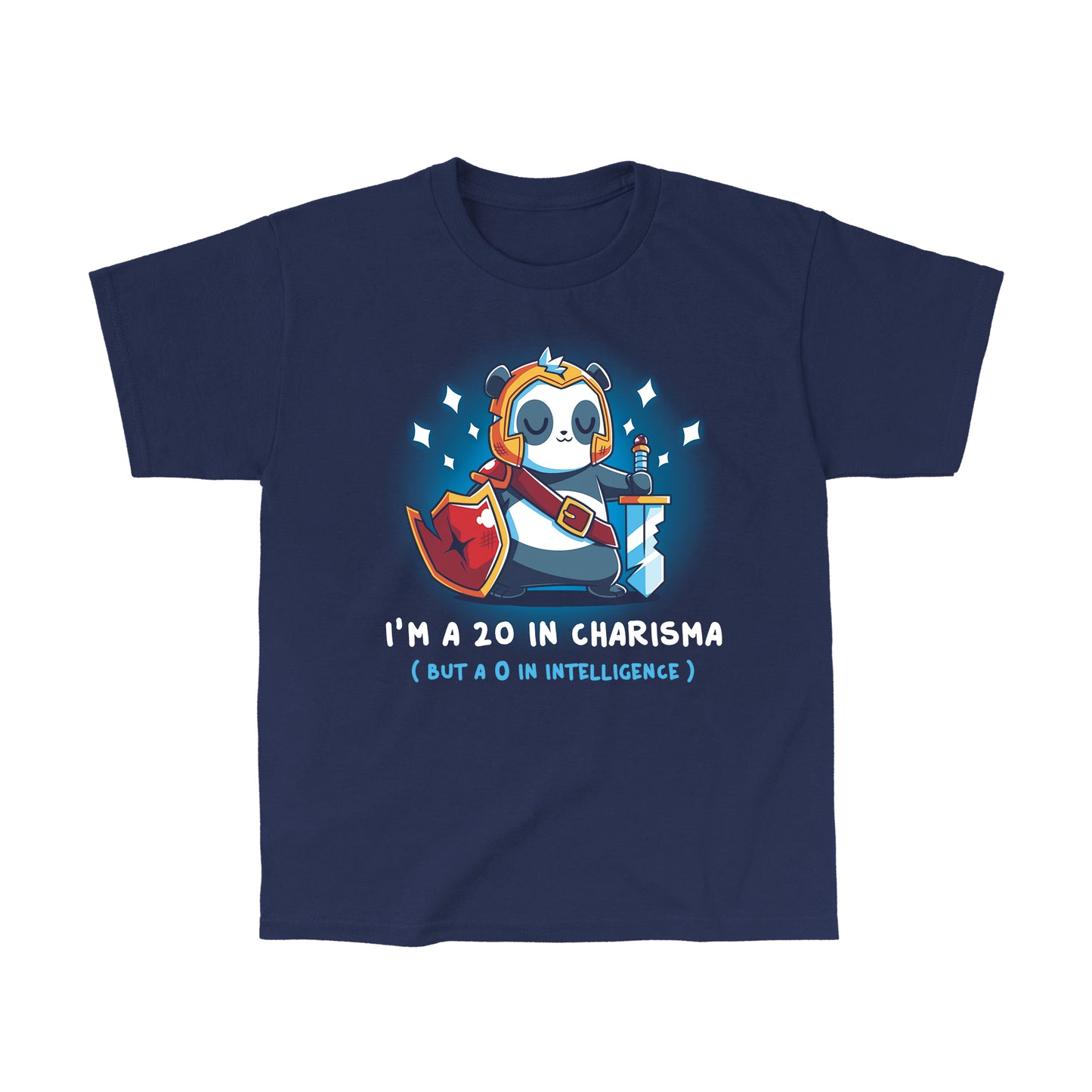 Classic Cotton T-shirt_TeeTurtle I'm a 20 in Charisma navy blue t-shirt featuring a fantasy panda wearing armor and holding a sword and shield with sparkles around them.