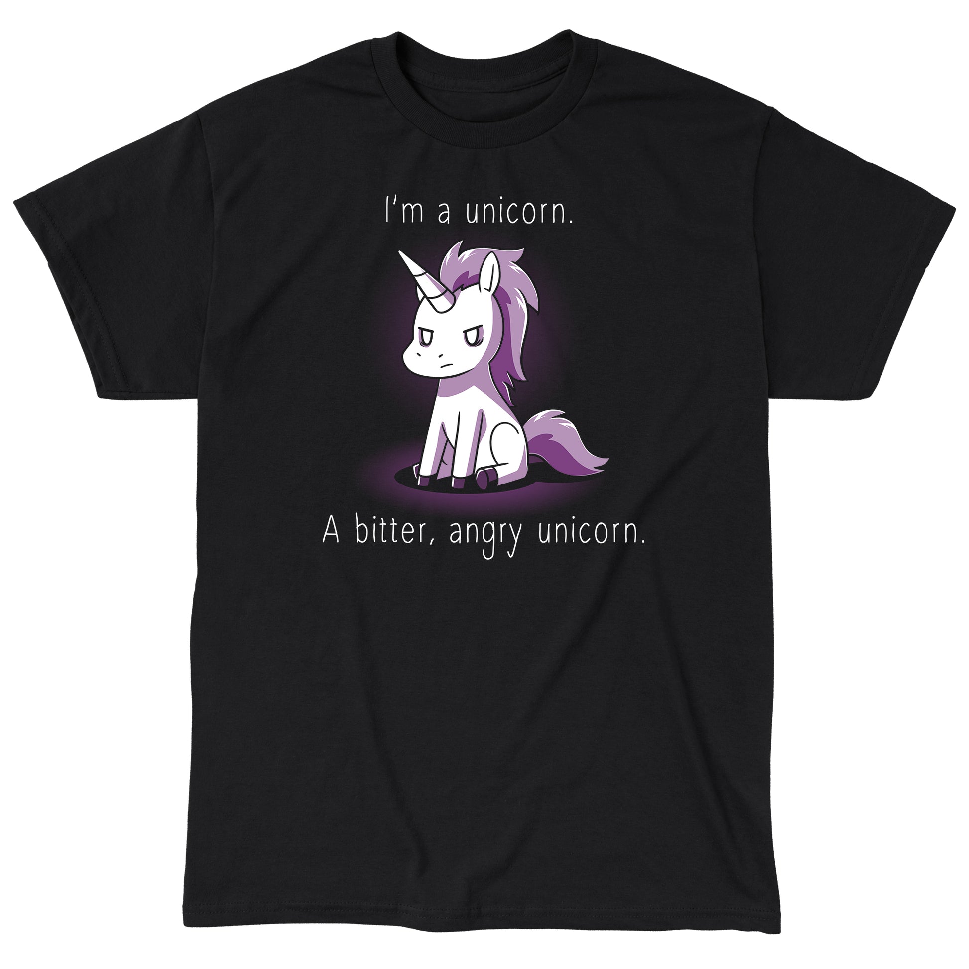 Classic Cotton T-shirt_A cartoon unicorn with a stern expression sits against a dark background on this I'm a Bitter, Angry Unicorn apparel. The text reads, "I'm a unicorn. A bitter, angry unicorn." Available in unisex and women's appareloptions, crafted from black super soft ringspun cotton for ultimate comfort by monsterdigital.