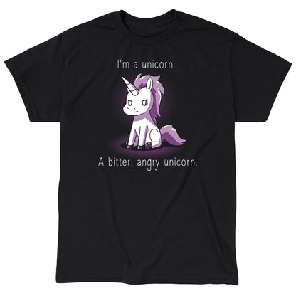 Classic Cotton T-shirt_A cartoon unicorn with a stern expression sits against a dark background on this I'm a Bitter, Angry Unicorn apparel. The text reads, "I'm a unicorn. A bitter, angry unicorn." Available in unisex and women's appareloptions, crafted from black super soft ringspun cotton for ultimate comfort by monsterdigital.