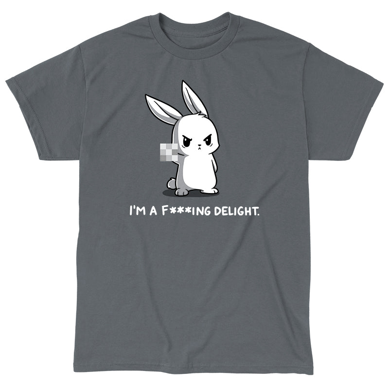 Classic Cotton T-shirt_Illustration of an angry cartoon rabbit holding up a pixelated middle finger with the caption, "I'M A F*ING DELIGHT," on a dark background. Printed on a charcoal gray apparel featuring super soft ringspun cotton, this unisex apparelby monsterdigital combines humor and comfort effortlessly. Product Name: I'm a F***ing Delight