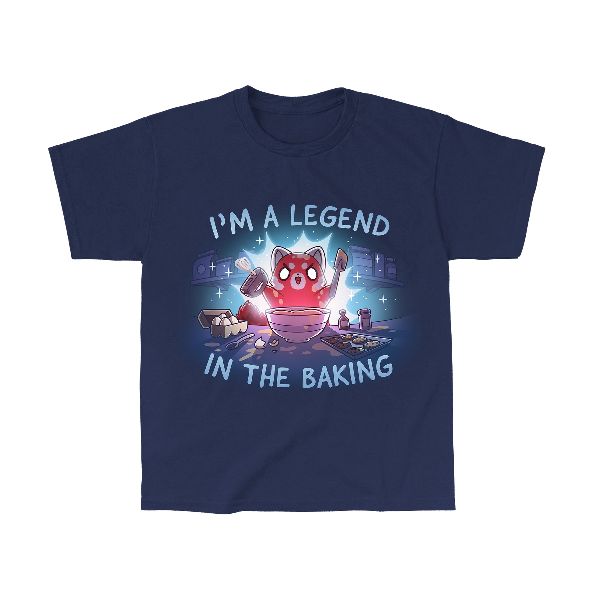 Classic Cotton T-shirt_TeeTurtle navy blue I'm a Legend in the Baking apparel featuring a red panda with lit up eyes holding a spatula and hand mixer in a kitchen surrounded by baking equipment, such as a sheet of cookies, eggs, and flour.