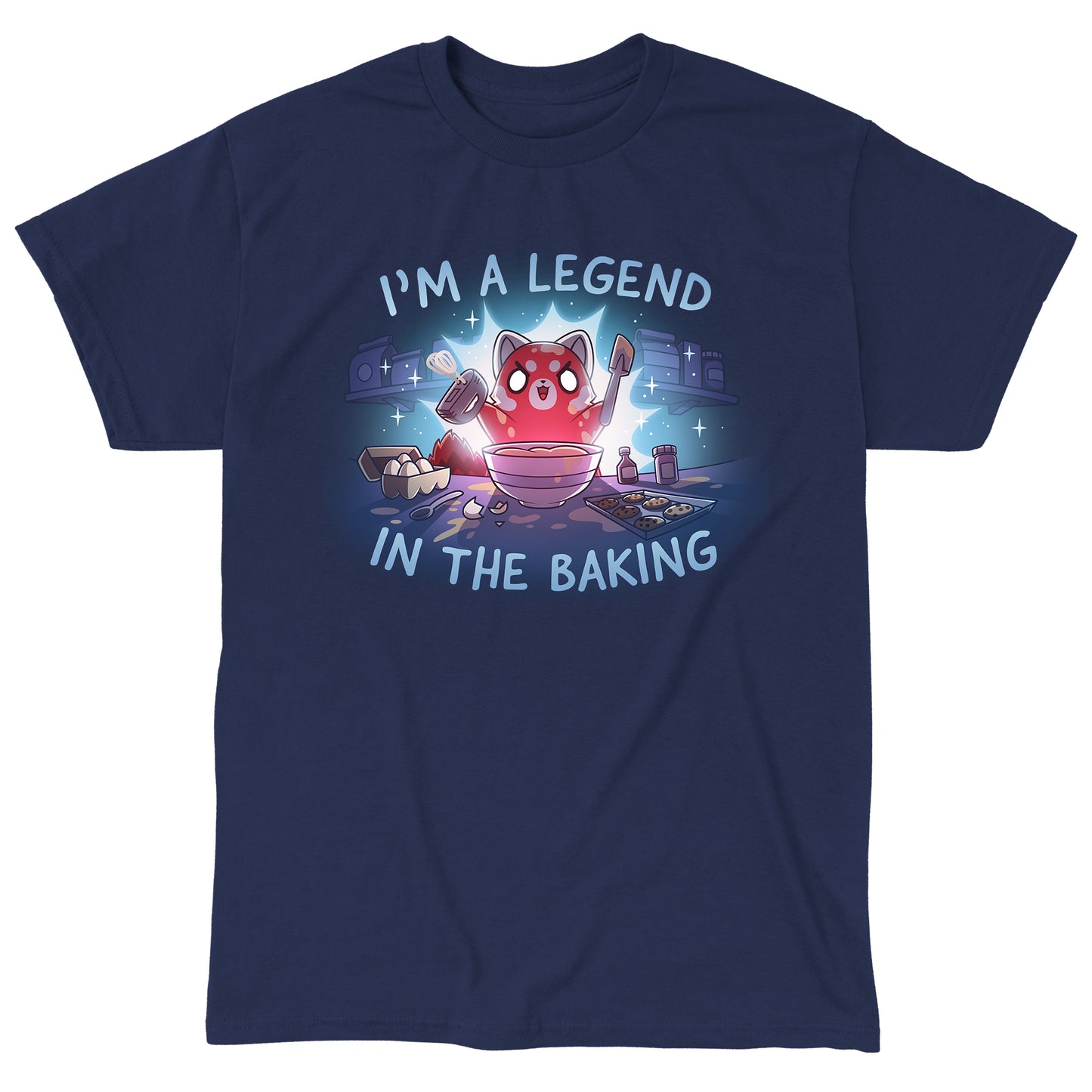 Classic Cotton T-shirt_TeeTurtle navy blue I'm a Legend in the Baking apparel featuring a red panda with lit up eyes holding a spatula and hand mixer in a kitchen surrounded by baking equipment, such as a sheet of cookies, eggs, and flour.