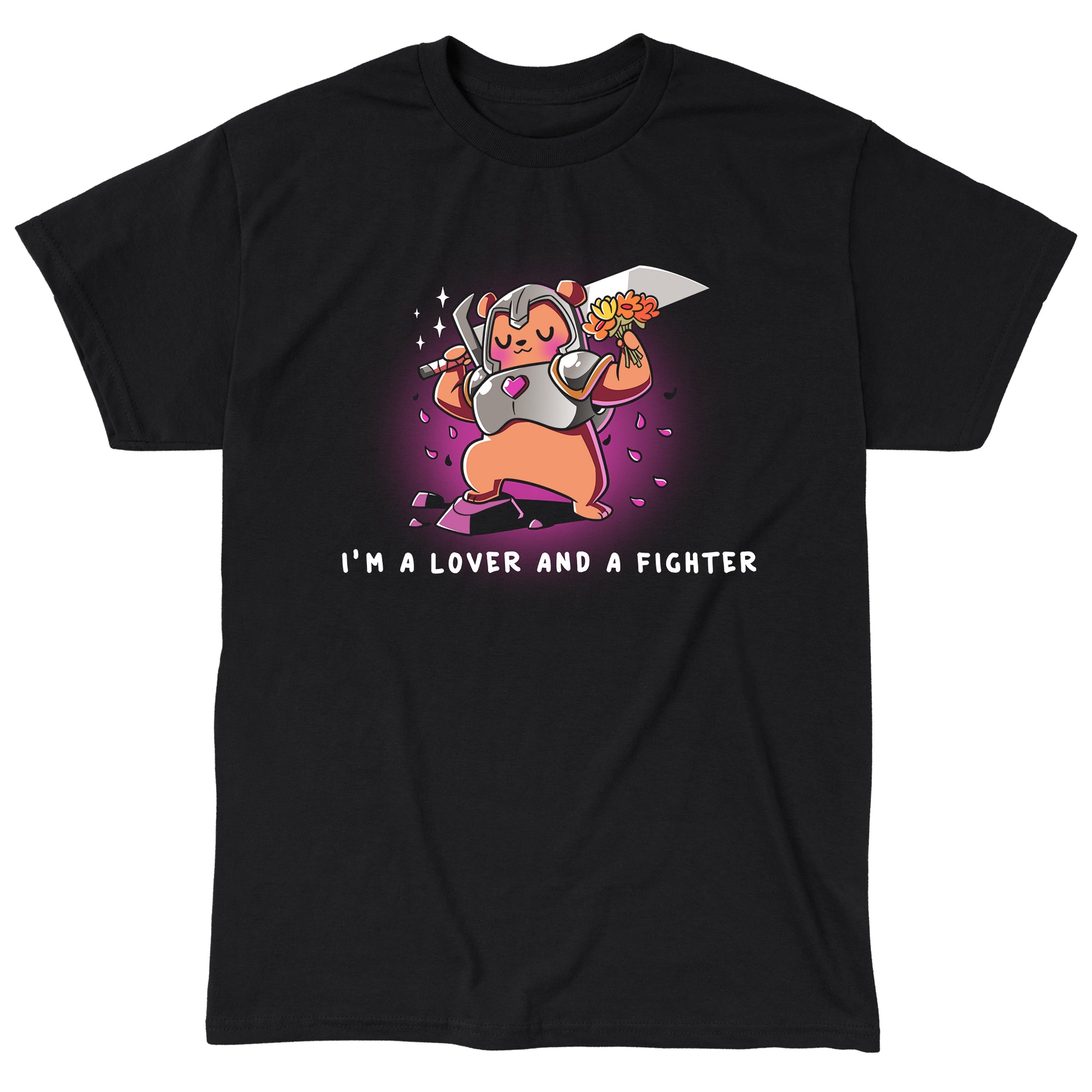 Classic Cotton T-shirt_TeeTurtle I'm a Lover and a Fighter Black t-shirt featuring a bear wearing armor, holding a sword and a bouquet of flowers.