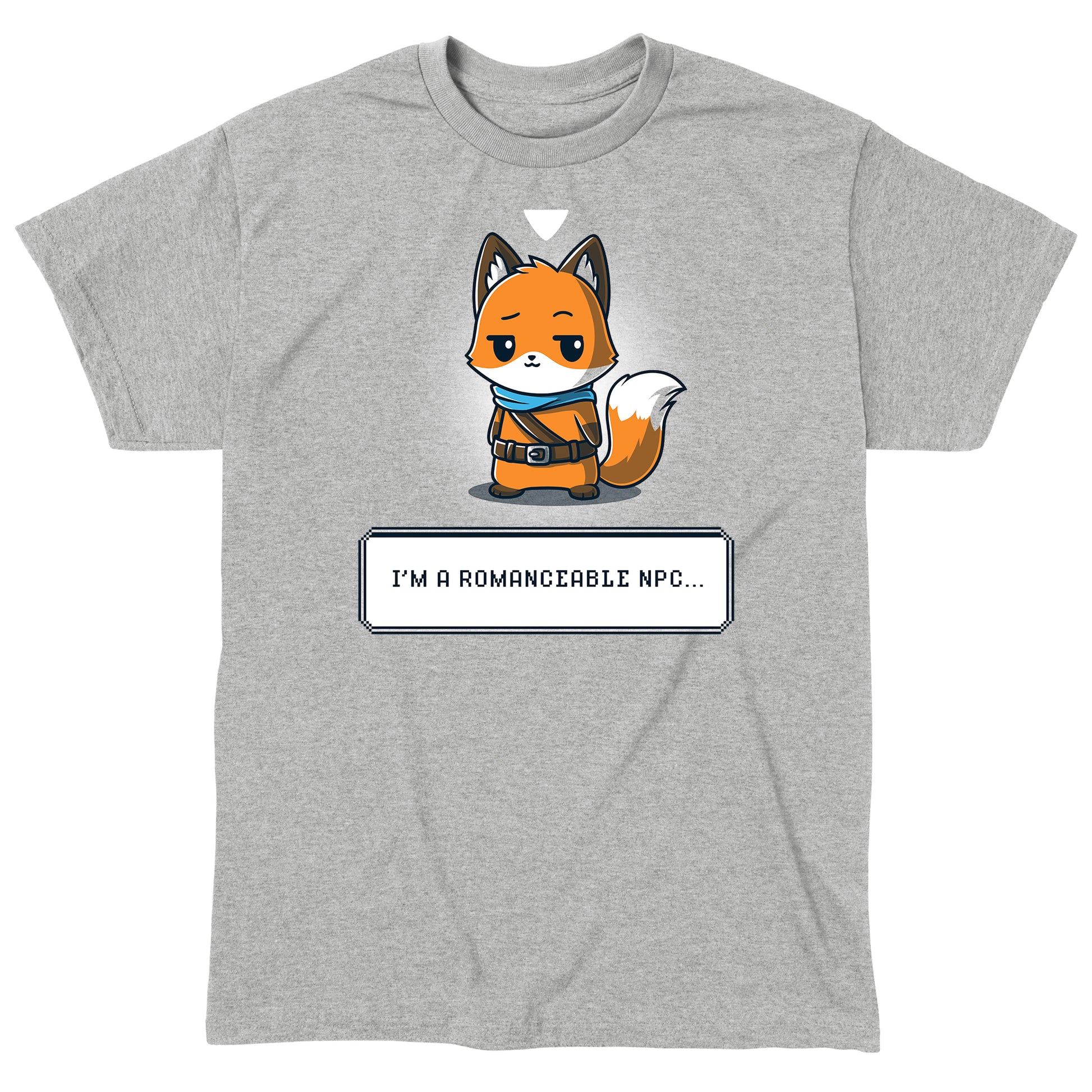 Classic Cotton T-shirt_TeeTurtle I'm a Romanceable NPC heather gray t-shirt featuring an illustration of an anthropomorphic fox, dressed in an adventurer's outfit, with text reading "I'm a Romanceable NPC" at the bottom. 