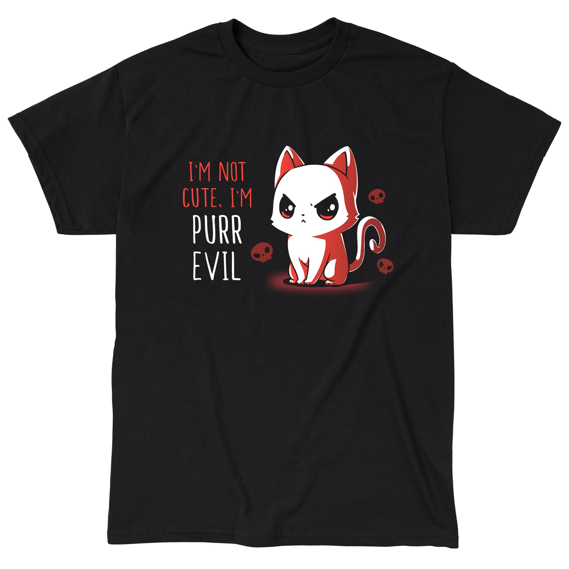 Classic Cotton T-shirt_Illustration of a frowning red and white cat with the text "I'm not cute, I'm purr evil" against a black background, accompanied by small skull icons. Available on a super soft ringspun cotton black unisex tee, this "I'm Not Cute, I'm Purr Evil" apparel from monsterdigital is perfect for those who embrace their darker side.