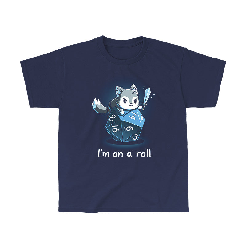 Classic Cotton T-shirt_TeeTurtle I'm on a Roll navy blue t-shirt featuring a gray and white fox smirking and holding a sword on top of a blue dice with the numbers 3, 4, 6, 8, 14, and 16 on it. The words "I'm on a roll" are written underneath. 