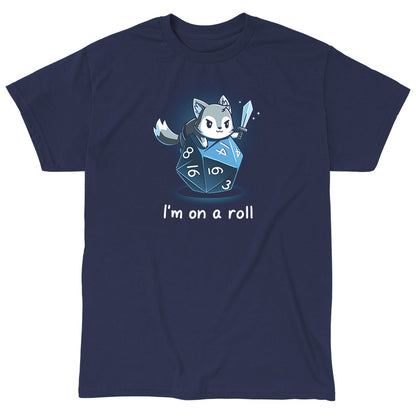 Classic Cotton T-shirt_TeeTurtle I'm on a Roll navy blue t-shirt featuring a gray and white fox smirking and holding a sword on top of a blue dice with the numbers 3, 4, 6, 8, 14, and 16 on it. The words "I'm on a roll" are written underneath. 