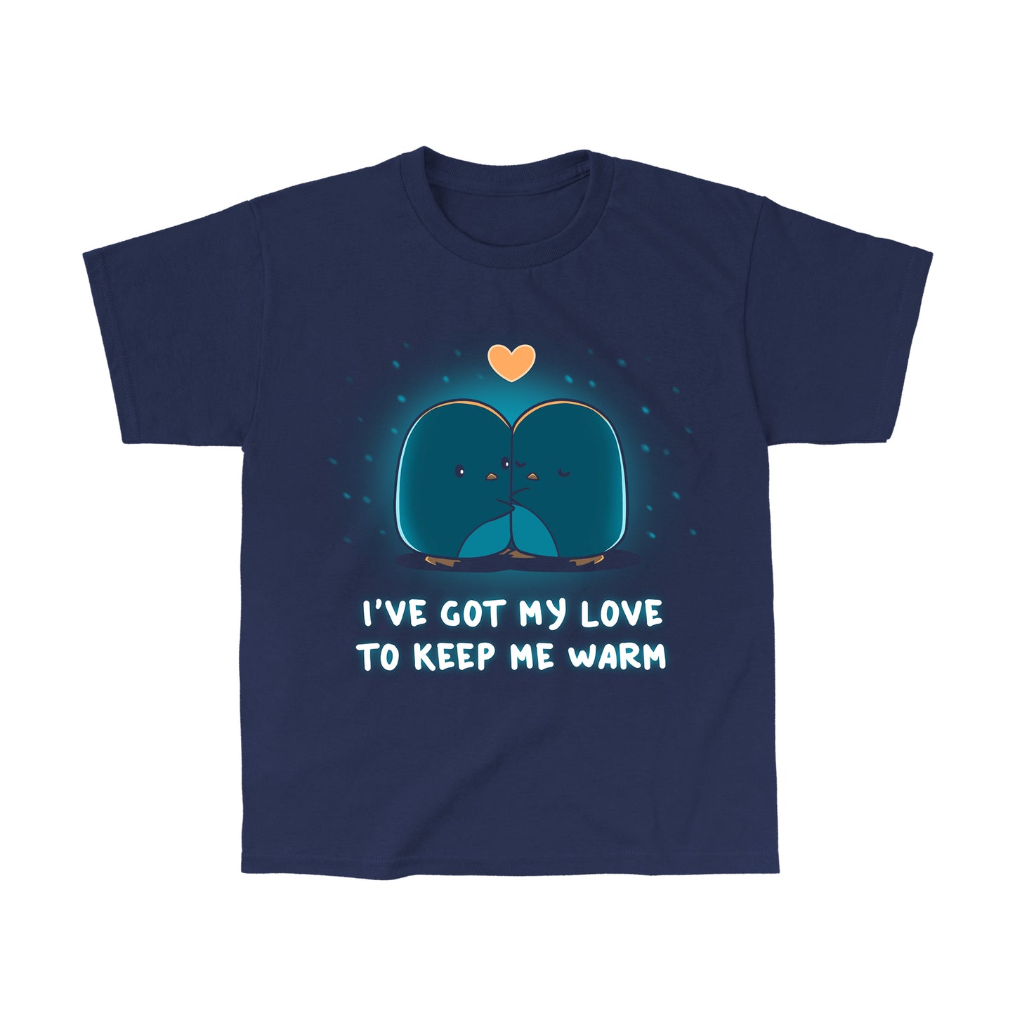 Classic Cotton T-shirt_TeeTurtle navy blue I've Got My Love to Keep Me Warm apparel featuring two hugging penguins with a heart between them and falling snow in the background, with the caption, "I've Got My Love to Keep Me Warm".
