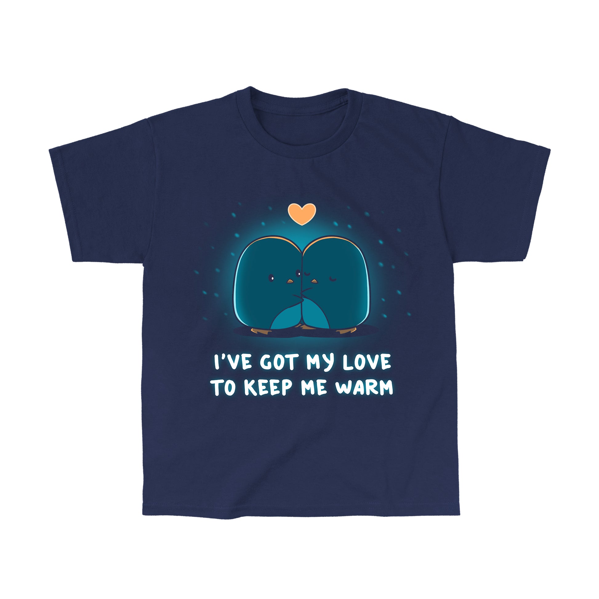 Classic Cotton T-shirt_TeeTurtle navy blue I've Got My Love to Keep Me Warm apparel featuring two hugging penguins with a heart between them and falling snow in the background, with the caption, "I've Got My Love to Keep Me Warm".