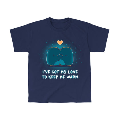 Classic Cotton T-shirt_TeeTurtle navy blue I've Got My Love to Keep Me Warm apparel featuring two hugging penguins with a heart between them and falling snow in the background, with the caption, "I've Got My Love to Keep Me Warm".