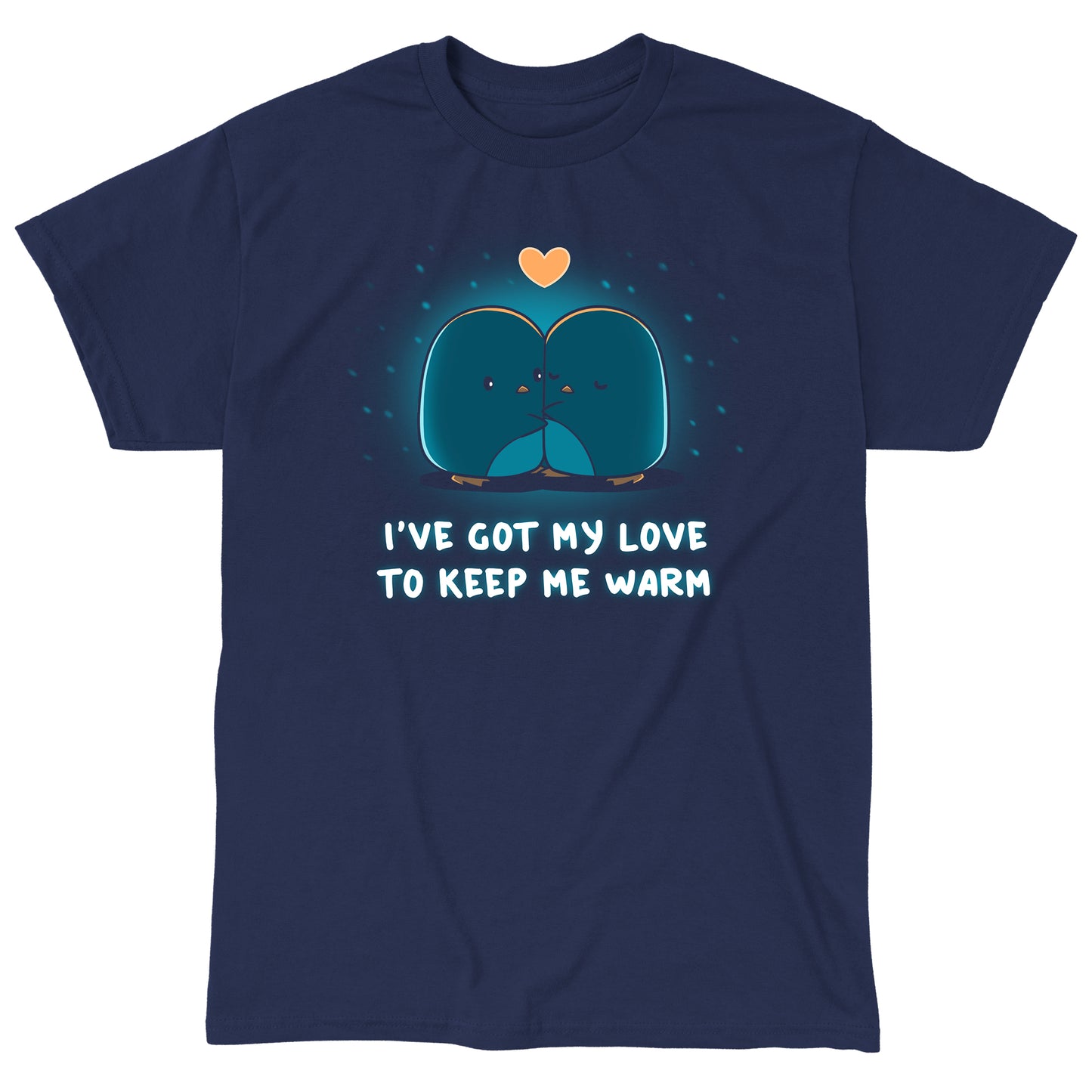 Classic Cotton T-shirt_TeeTurtle navy blue I've Got My Love to Keep Me Warm apparel featuring two hugging penguins with a heart between them and falling snow in the background, with the caption, "I've Got My Love to Keep Me Warm".