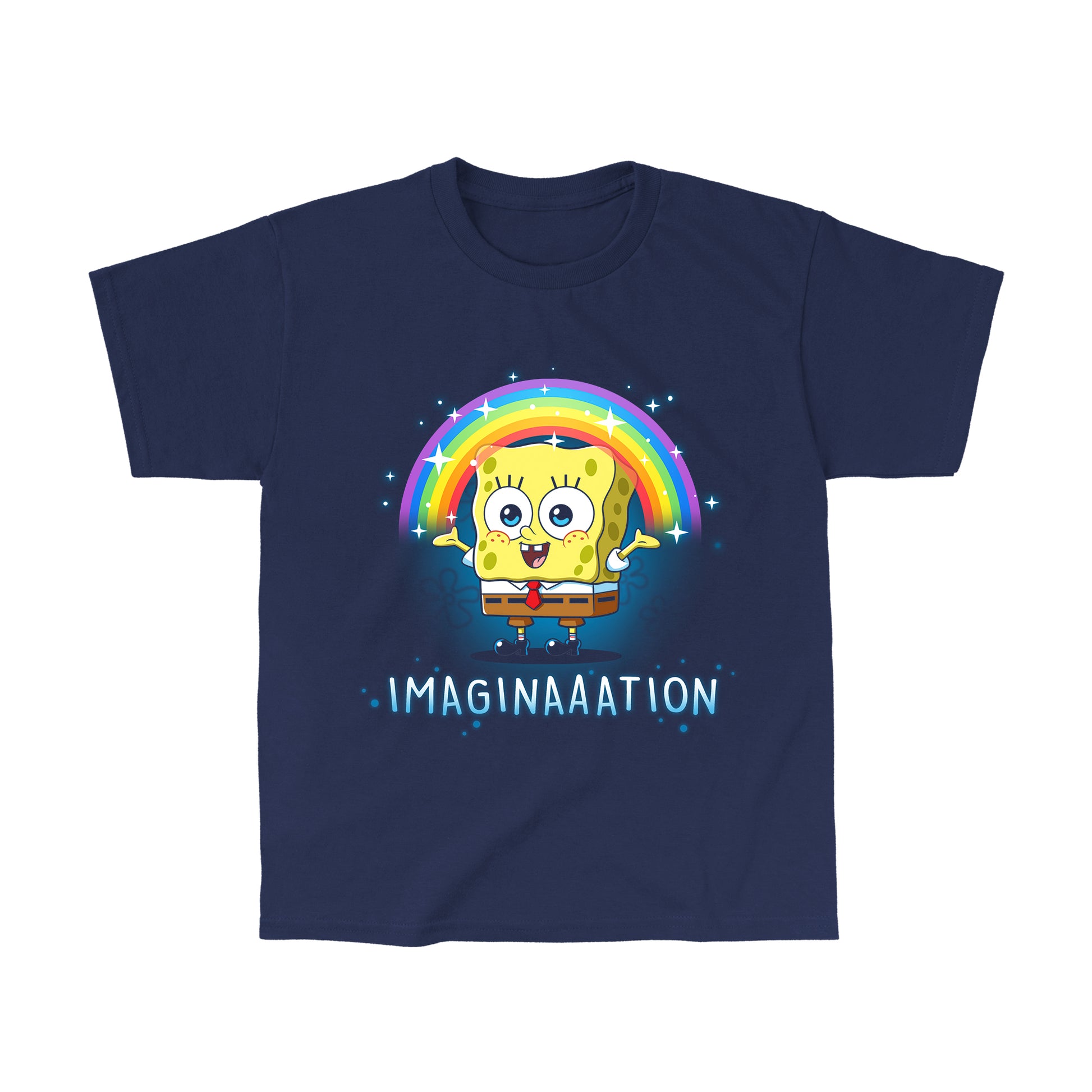 Classic Cotton T-shirt_TeeTurtle navy blue Imagination apparel featuring Spongebob Squarepants with his arms spread, and a rainbow above his head.