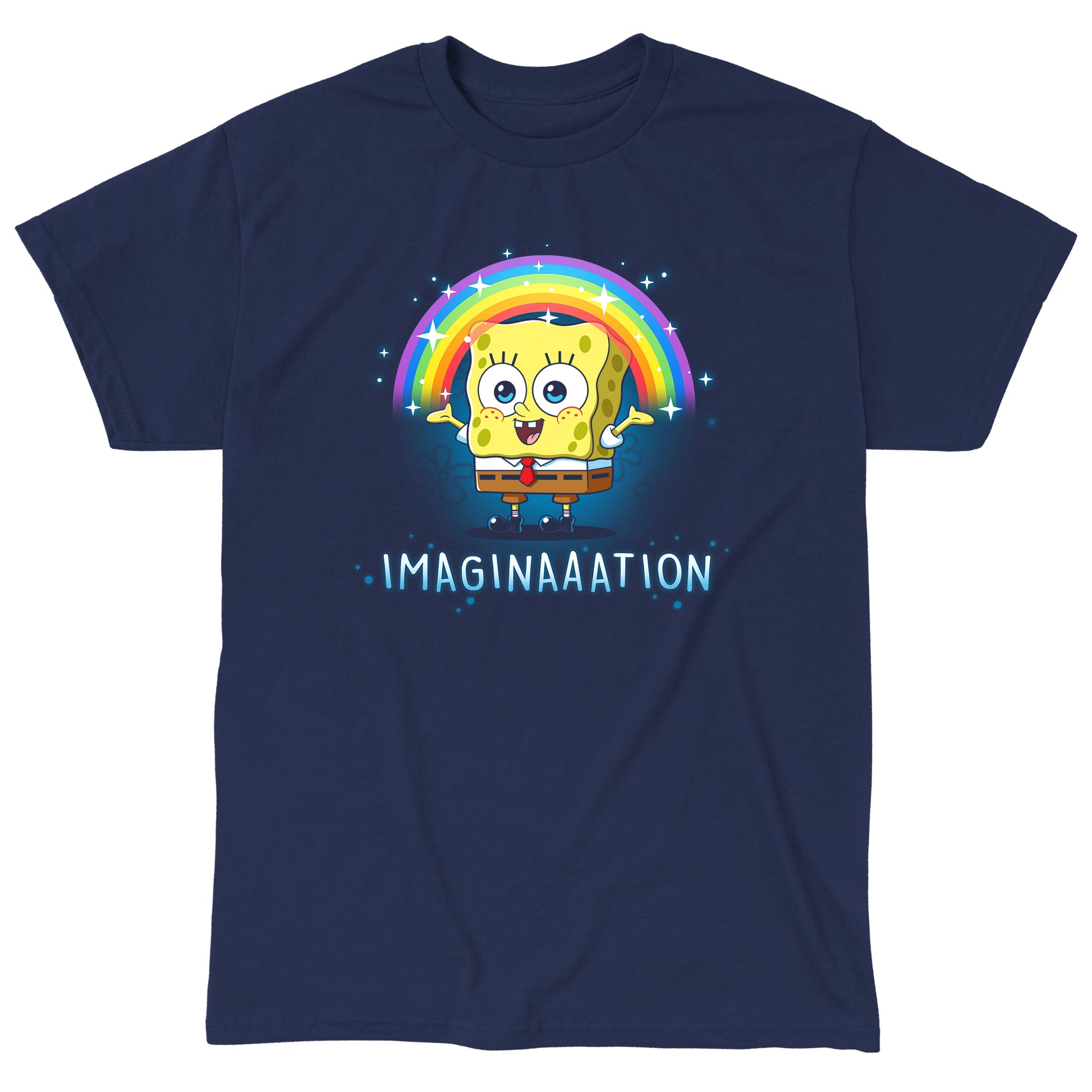 Classic Cotton T-shirt_TeeTurtle navy blue Imagination apparel featuring Spongebob Squarepants with his arms spread, and a rainbow above his head.