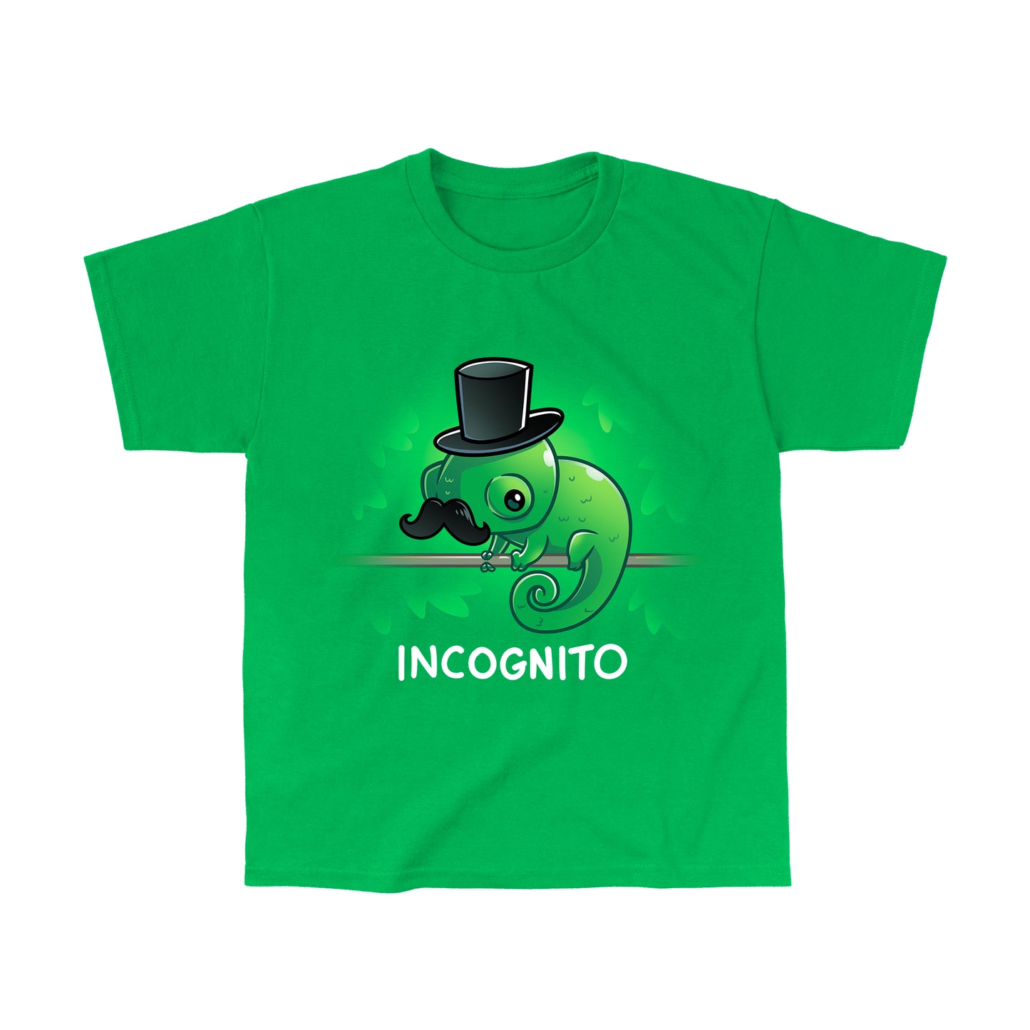 Classic Cotton T-shirt_TeeTurtle Incognito Irish green apparel featuring a chameleon wearing a top hat and moustache perched on a stick hidden among leaves.