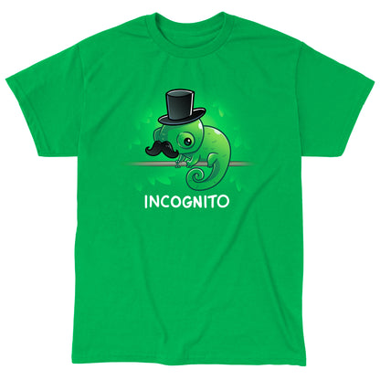 Classic Cotton T-shirt_TeeTurtle Incognito Irish green apparel featuring a chameleon wearing a top hat and moustache perched on a stick hidden among leaves.