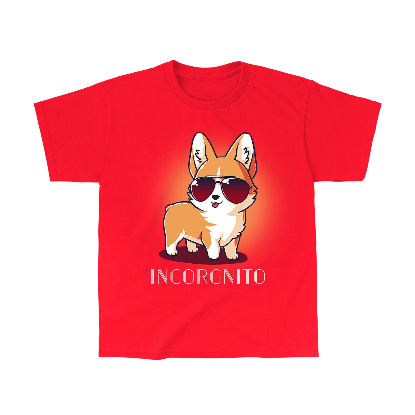 Classic Cotton T-shirt_TeeTurtle Incorgnito red t-shirt featuring a cute corgi dog wearing aviator sunglasses with a pun underneath.