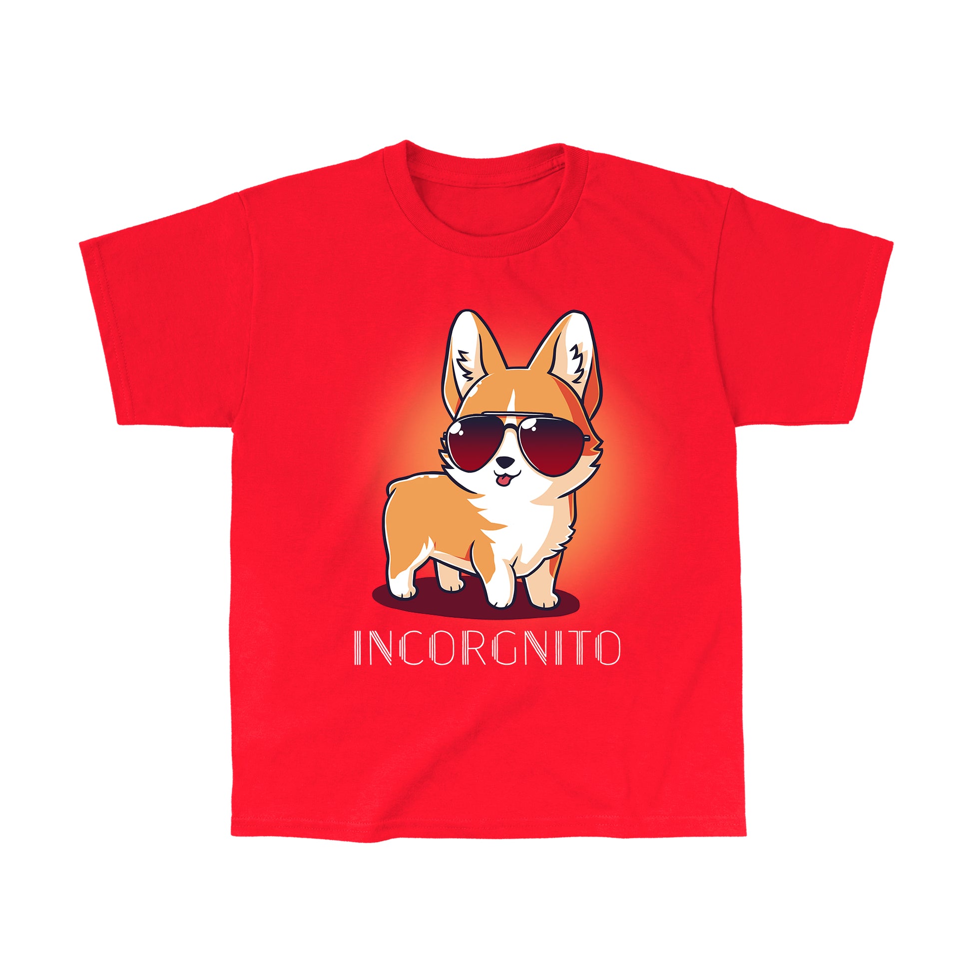 Classic Cotton T-shirt_TeeTurtle Incorgnito red t-shirt featuring a cute corgi dog wearing aviator sunglasses with a pun underneath.