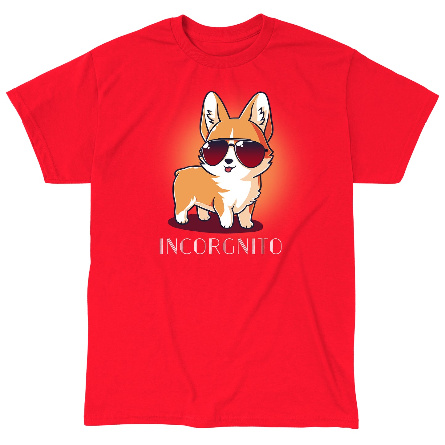 Classic Cotton T-shirt_TeeTurtle Incorgnito red t-shirt featuring a cute corgi dog wearing aviator sunglasses with a pun underneath.