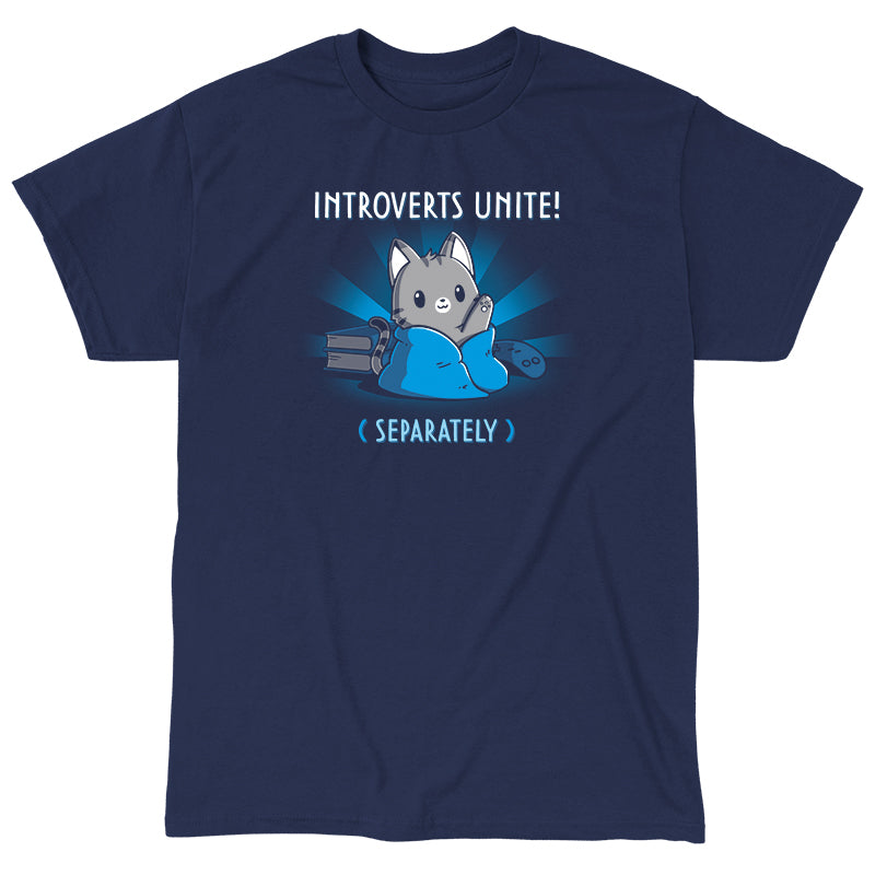 Classic Cotton T-shirt_TeeTurtle Introverts Unite! (Separately) navy blue t-shirt featuring an introverted cat snuggled up with books and video games.