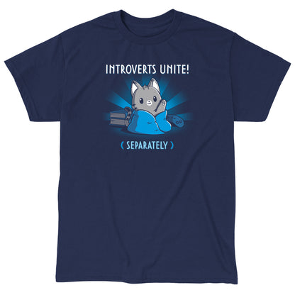 Classic Cotton T-shirt_TeeTurtle Introverts Unite! (Separately) navy blue t-shirt featuring an introverted cat snuggled up with books and video games.