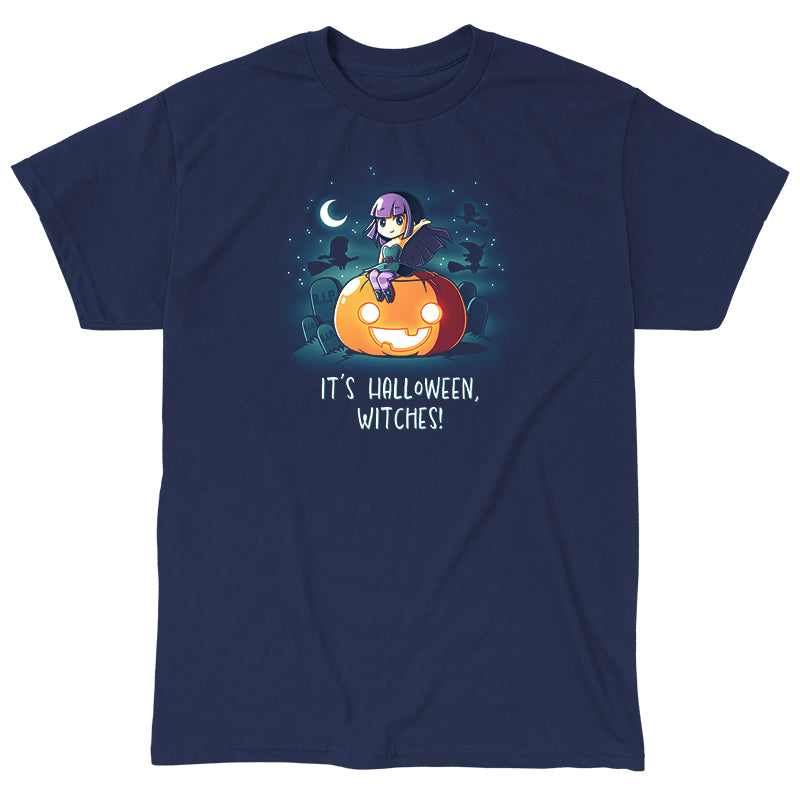 Classic Cotton T-shirt_TeeTurtle It's Halloween, Witches! navy blue t-shirt featuring an illustration of a witch with purple hair wearing a green dress with purple tights sitting on top of a large, smiling orange jack-o-lantern in a graveyard filled with tombstones that say R.I.P. The background features silhouettes of three black witches on broomsticks flying in the starry sky that features a quarter moon. "IT'S HALLOWEEN WITCHES!" is written underneath.