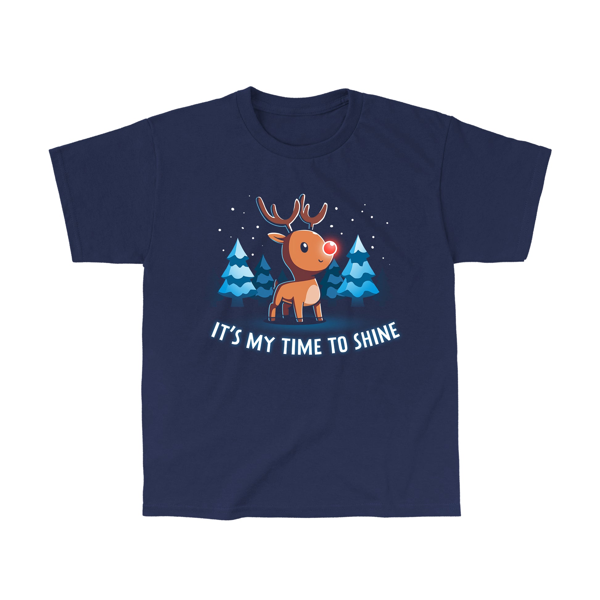 Classic Cotton T-shirt_TeeTurtle navy blue It's My Time To Shine. Featuring a reindeer with a red nose in a wintery forest.