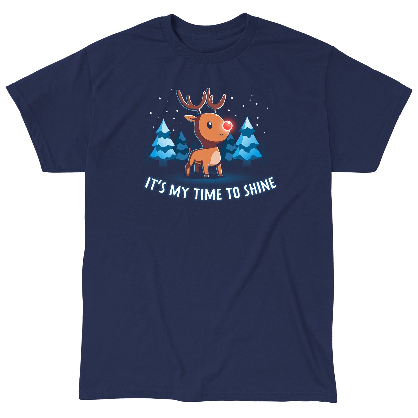 Classic Cotton T-shirt_TeeTurtle navy blue It's My Time To Shine. Featuring a reindeer with a red nose in a wintery forest.