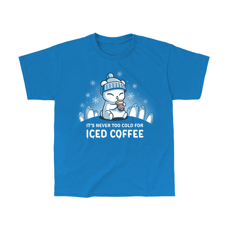 Classic Cotton T-shirt_TeeTurtle sapphire blue It's Never Too Cold for Iced Coffee apparel featuring a polar bear drinking iced coffee surrounded by penguins while it's snowing.