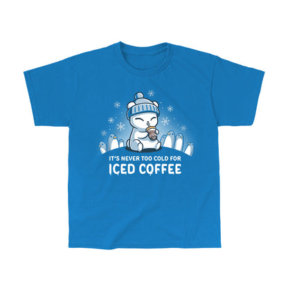 Classic Cotton T-shirt_TeeTurtle sapphire blue It's Never Too Cold for Iced Coffee apparel featuring a polar bear drinking iced coffee surrounded by penguins while it's snowing.