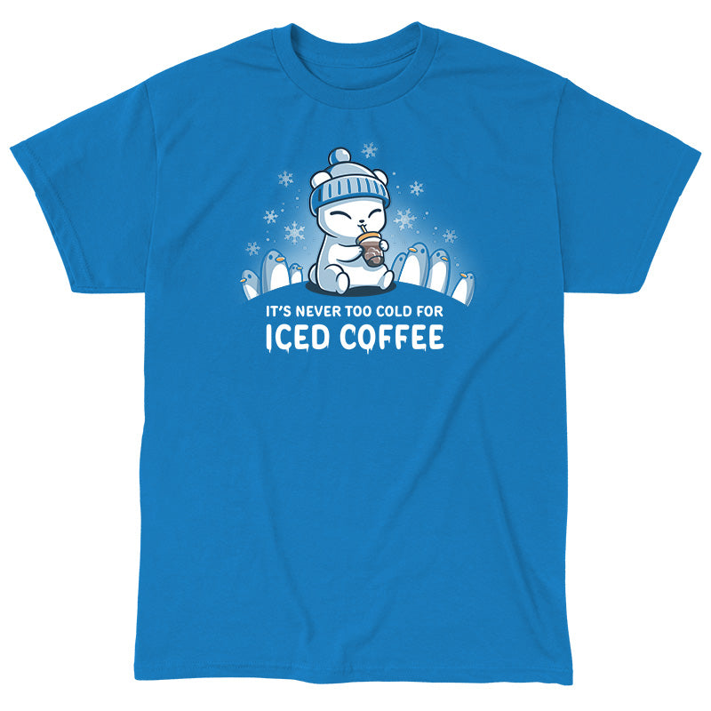 Classic Cotton T-shirt_TeeTurtle sapphire blue It's Never Too Cold for Iced Coffee apparel featuring a polar bear drinking iced coffee surrounded by penguins while it's snowing.