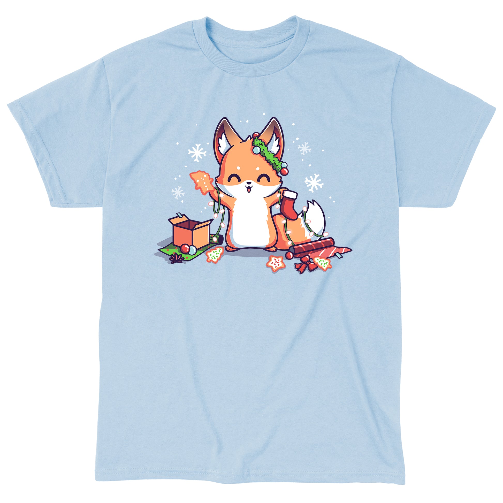 Classic Cotton T-shirt_TeeTurtle It's That Time of Year light blue t-shirt featuring a cheerful fox with green garland around its left ear surrounded by snowflakes and holding a red holiday stocking in one hand a Christmas cookie and a string of lights in the other. On the floor is red gift wrap, a red bow, Christmas cookies and a brown box on top of green gift wrap. 