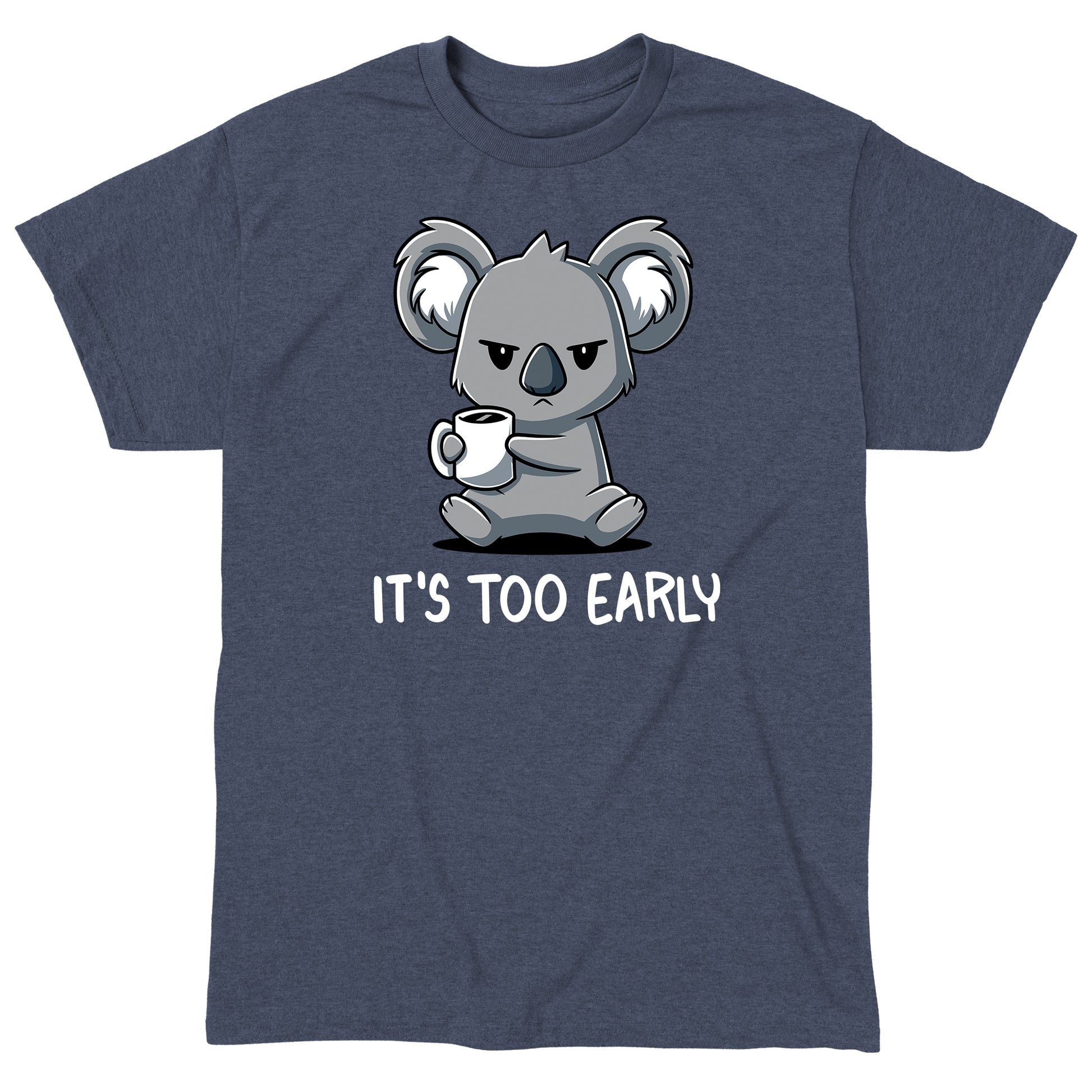 Classic Cotton T-shirt_Teeturtle It's Too Early heather navy t-shirt featuring a grumpy Koala gripping a cup of coffee with 'It's Too Early' written underneath.