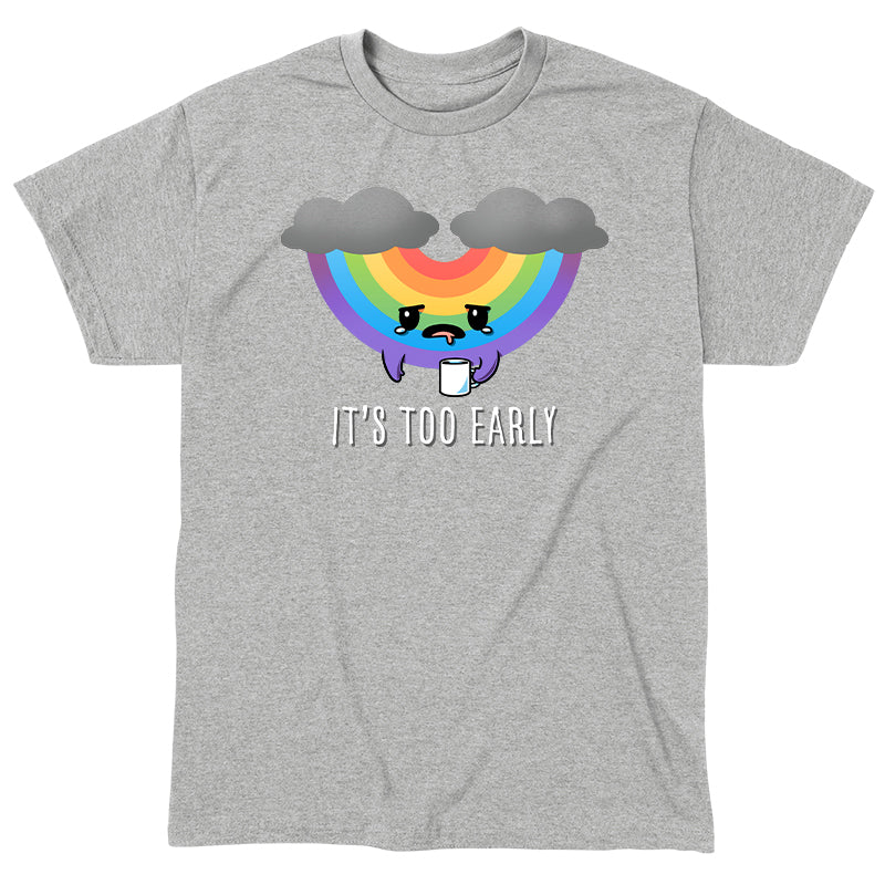 Classic Cotton T-shirt_TeeTurtle It's Too Early (Rainbow) heather gray t-shirt featuring an upside down, tired looking rainbow with storm clouds, holding a cup of coffee.