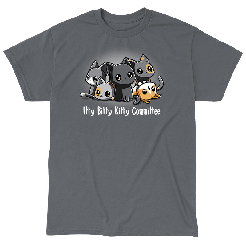 Classic Cotton T-shirt_TeeTurtle Itty Bitty Kitty Committee Charcoal Gray t-shirt featuring five cartoon kittens with large eyes sitting and lying down together with the text "Itty Bitty Kitty Committee" below them.