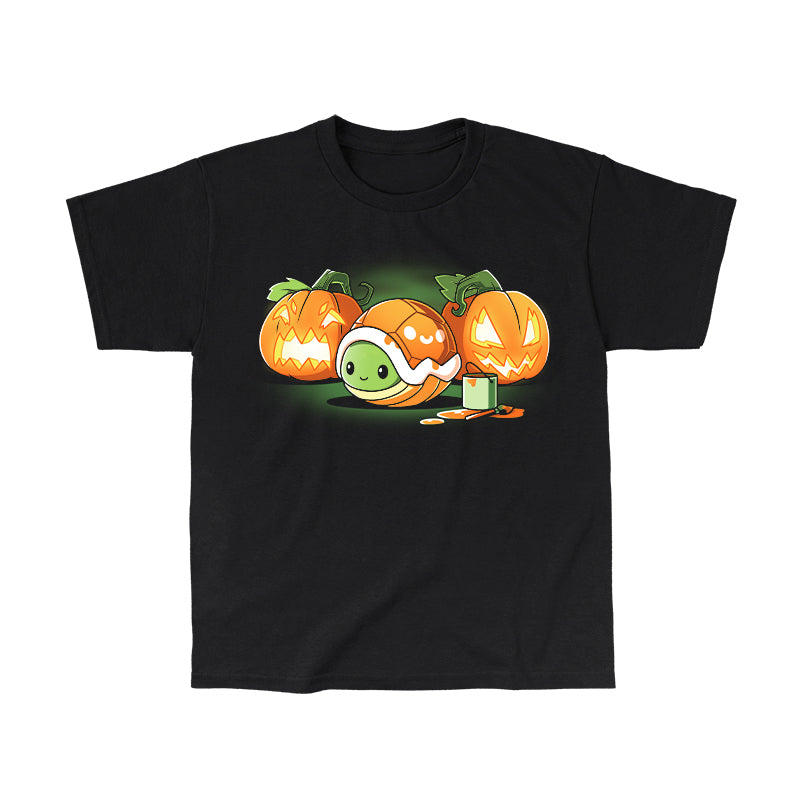 Classic Cotton T-shirt_TeeTurtle Jack-o-Lantern Turtlen black t-shirt featuring a a small turtle is nestled inside an orange shell. It's surrounded by three carved pumpkins with glowing faces and a paint can with a brush.