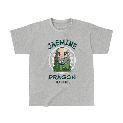 Classic Cotton T-shirt_TeeTurtle heather gray Jasmine Dragon Tea House apparel featuring Iroh holding a teacup.