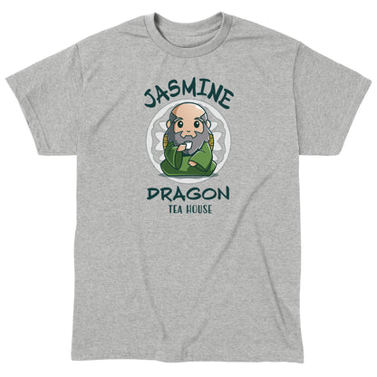 Classic Cotton T-shirt_TeeTurtle heather gray Jasmine Dragon Tea House apparel featuring Iroh holding a teacup.