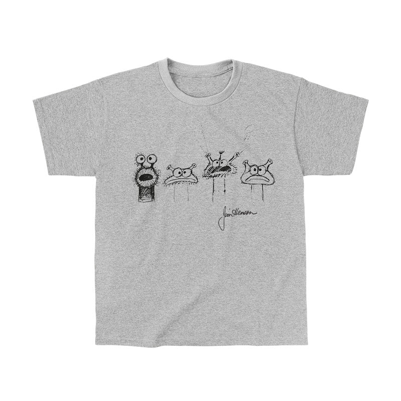 Classic Cotton T-shirt_TeeTurtle heather gray Jim Henson Signature Collection apparel featuring four sketches of muppet-like creatures with Jim Henson’s signature on the bottom righthand corner.