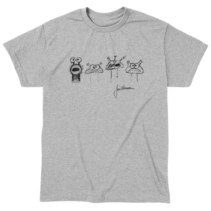 Classic Cotton T-shirt_TeeTurtle heather gray Jim Henson Signature Collection apparel featuring four sketches of muppet-like creatures with Jim Henson’s signature on the bottom righthand corner.