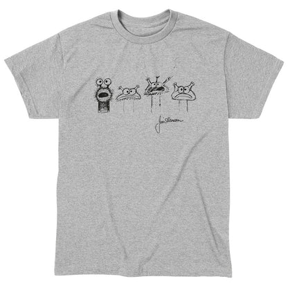 Classic Cotton T-shirt_TeeTurtle heather gray Jim Henson Signature Collection apparel featuring four sketches of muppet-like creatures with Jim Henson’s signature on the bottom righthand corner.