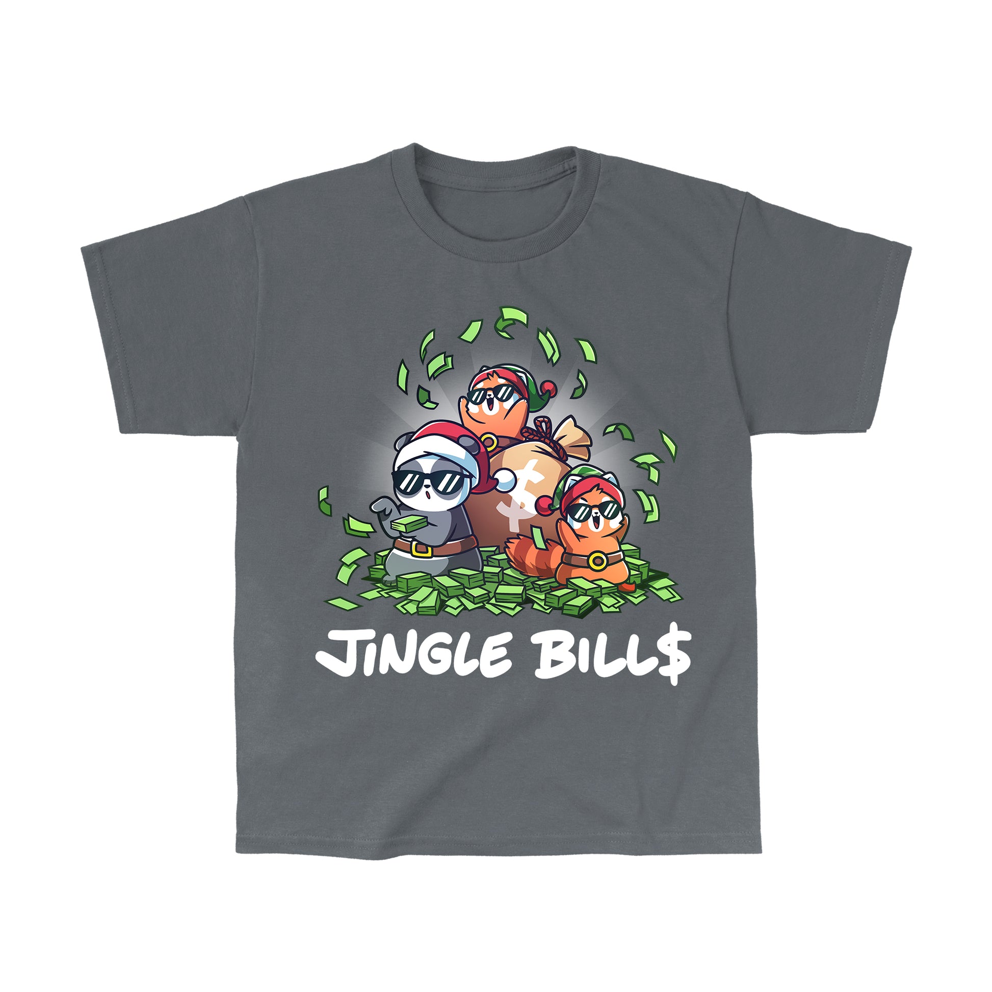 Classic Cotton T-shirt_TeeTurtle charcoal gray Jingle Bills apparel featuring a panda, and two red pandas wearing Santa hats and sunglasses sitting on a pile of money and throwing bills in the air.