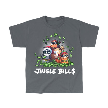 Classic Cotton T-shirt_TeeTurtle charcoal gray Jingle Bills apparel featuring a panda, and two red pandas wearing Santa hats and sunglasses sitting on a pile of money and throwing bills in the air.