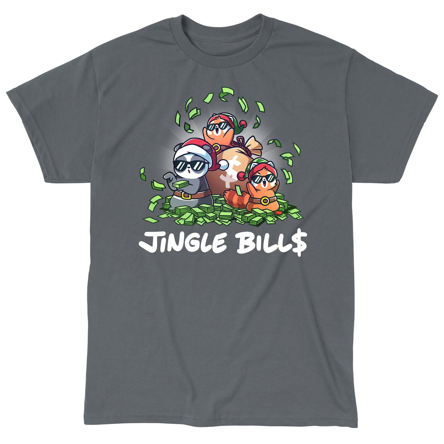 Classic Cotton T-shirt_TeeTurtle charcoal gray Jingle Bills apparel featuring a panda, and two red pandas wearing Santa hats and sunglasses sitting on a pile of money and throwing bills in the air.