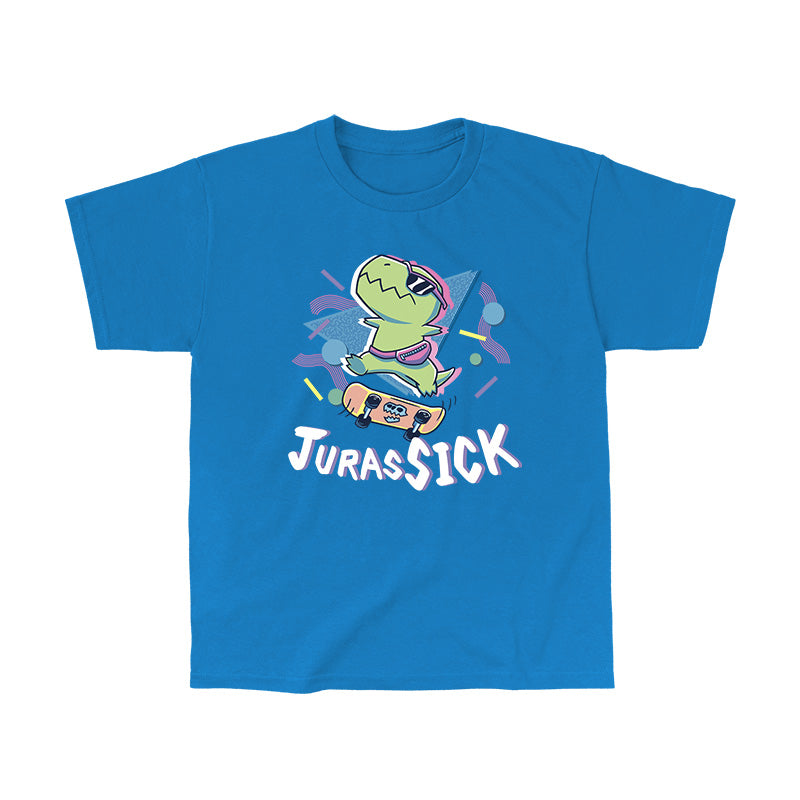 Classic Cotton T-shirt_TeeTurtle JurasSICK sapphire Blue t-shirt featuring a cool dinosaur wearing sunglasses and a fanny pack, jumping on a skateboard. The word "JurasSICK" is written at the bottom.