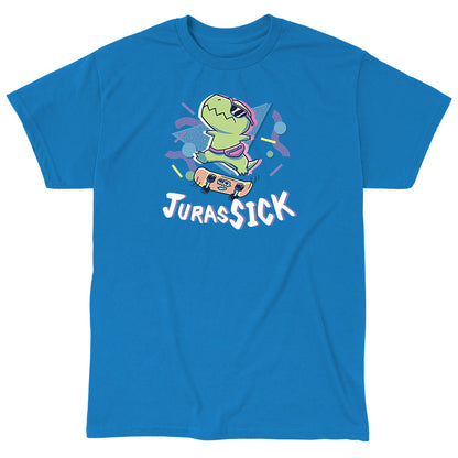 Classic Cotton T-shirt_TeeTurtle JurasSICK sapphire Blue t-shirt featuring a cool dinosaur wearing sunglasses and a fanny pack, jumping on a skateboard. The word "JurasSICK" is written at the bottom.