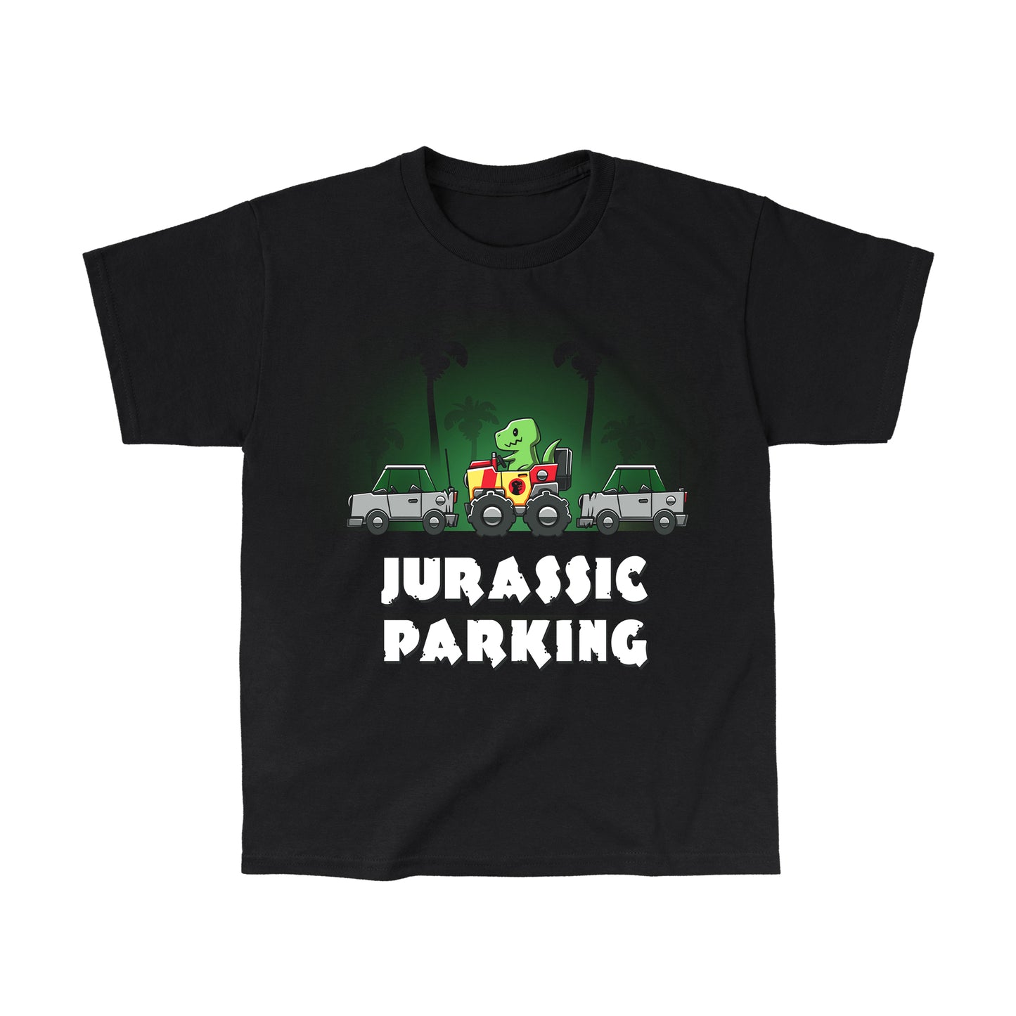 Classic Cotton T-shirt_TeeTurtle Jurassic Parking black t-shirt featuring a pun of a t-rex dinosaur parallel parking in a movie themed jeep.