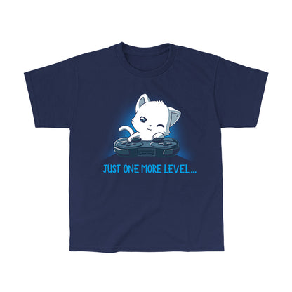 Classic Cotton T-shirt_TeeTurtle Just One More Level navy blue t-shirt featuring a cat falling asleep in front of a video game controller.